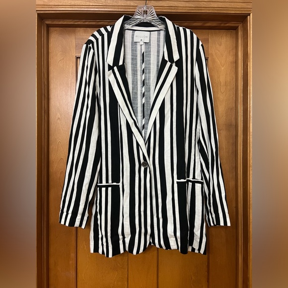 Willow Linen Blend Black and White Striped Long Line Blazer Size Large - Picture 1 of 10